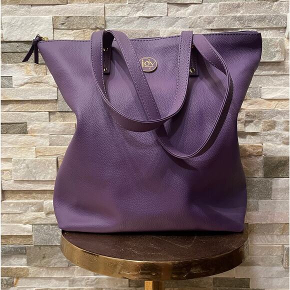 Joy Mangano Leather Tote | Purple Zip Top Bag, Gold Logo, Clean Interior NWOT - Picture 1 of 9